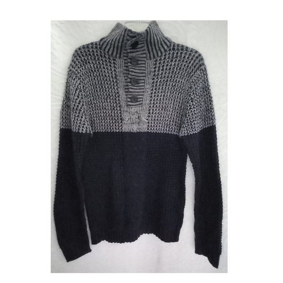 Vintage Blue Cable Knit Thick Button Down Turtleneck Sweater Size LG (T-338) - Picture 2 of 13